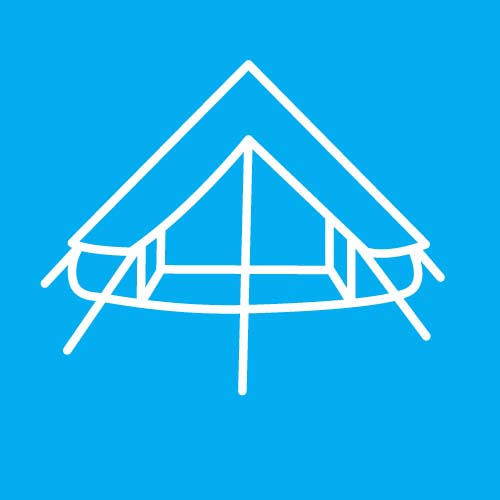 Blue logo with a tent
