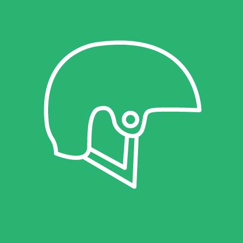 Green logo with a helmet