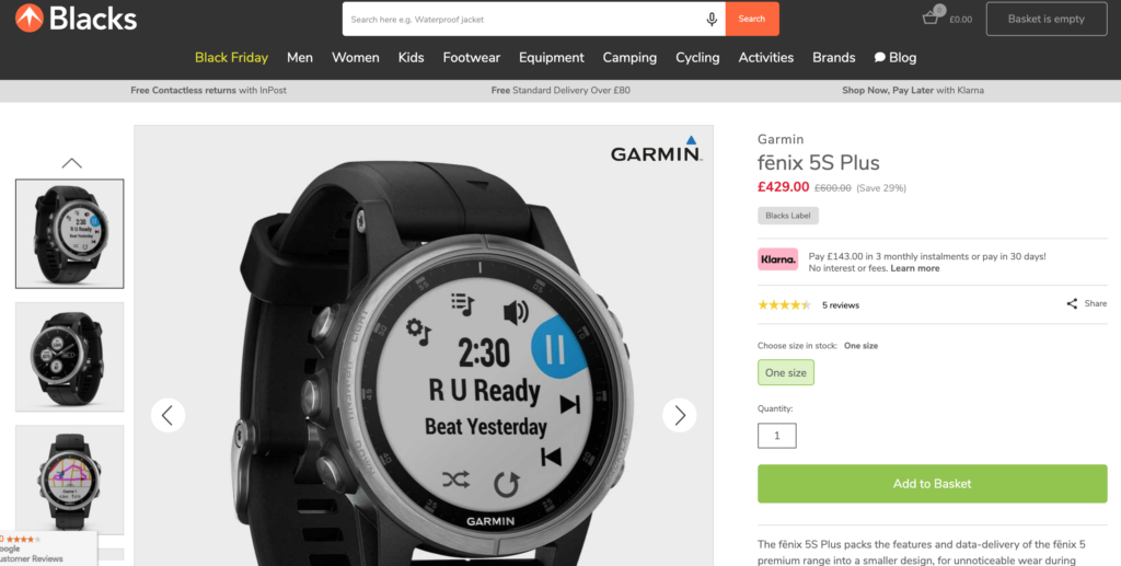 Blacks website Black Friday deal screenshot of a Garmin Fenix 5S Plus watch