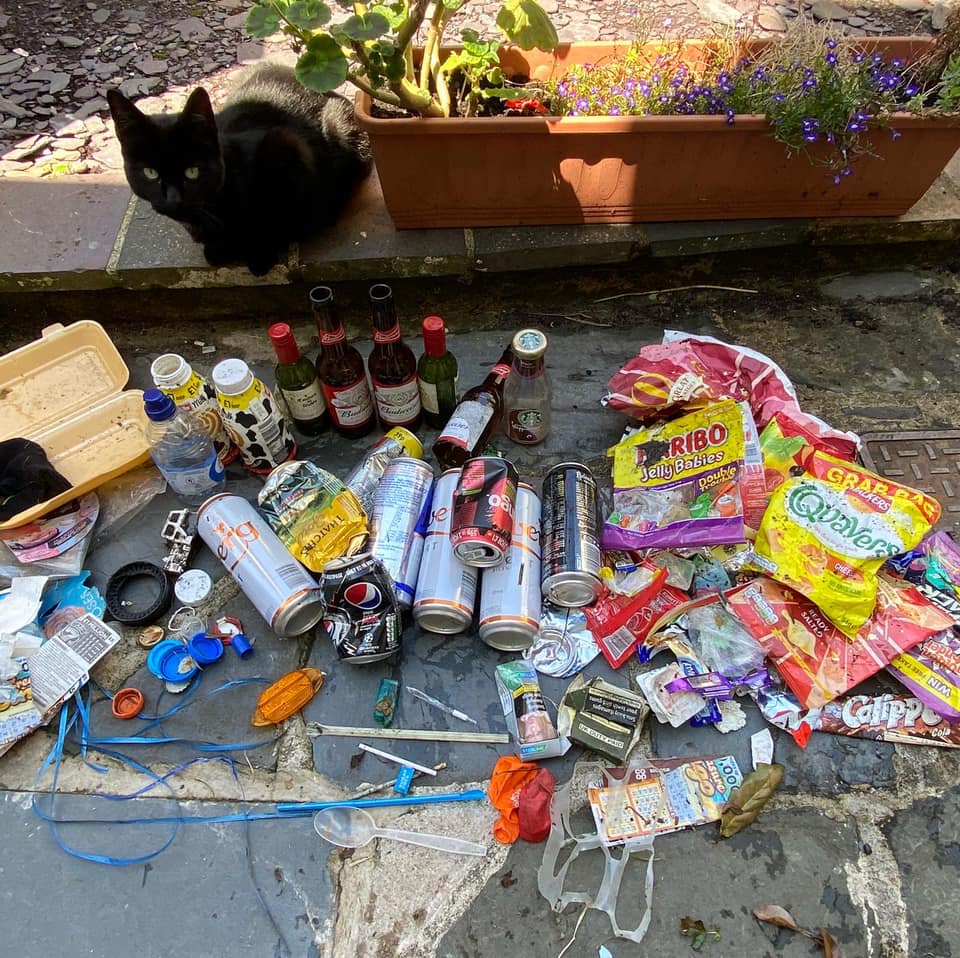 Eco warrior litter pick of old bottles, crisp packets, cans and plastic